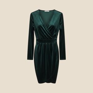 Emerald Green Velvet Faux Wrap V-Neck Long Sleeve Cocktail Tulip Dress M Fall